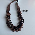 Chocolate Brown silk ribbon necklace w/ grey pearls + matching earrings Gray Photo 1