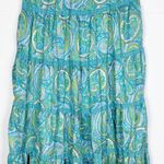 Garnet Hill  100% Silk Maxi Skirt Paisley Tiered Blue Green Size 2P Elastic Waist Photo 1
