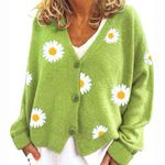 Embroidered Daisy Flower Green Knit Cardigan Women’s Sweater Size S/M Photo 0