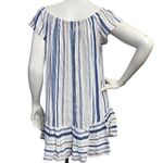 Eight Sixty Women's Off Shoulder White Blue Striped Ruffle hem Shirred Dress Photo 3