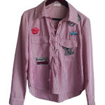 San Joy Women Top L Red Pin Striped Lace Up Popover Unique Applique Y2K Retro Size L Photo 0