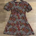 Maeve Blue and Orange A-line Midi Dress with Puff Sleeves Photo 0