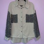 Light Grey Jean Jacket M Oversized Blue Velvet Sequins Cotton Blend Size M Photo 0