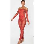 Pretty Little Thing  Orange Croc Mesh Bardot Ruched Jumpsuit Size 8 EUC Photo 2