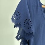 Full Moon Cheryl Maternity Tie Front Blouse in Navy size 2X Laser Cut Out Floral Blue Photo 5