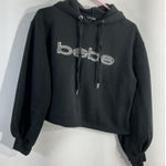 Bebe Womans Sport Medium Black Pullover Oversize Cropped Hoodie Studs Graphic Photo 0