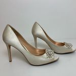 Badgley Mischka 🌸 Ivory Satin Lavender II Crystal Detail Peep Toe Heels Photo 4
