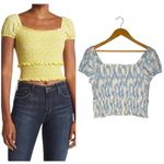 Lush Clothing New Lush Womens Size Large Cropped Top Smocked Cap Puff Sleeve White Blue Swirl Photo 1