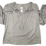 Loft  Womens Top Sz M Metallic Gray Ruffle Sleeve Satin Career Elegant Blouse New Photo 0