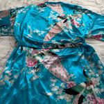 Applesauce teal blue satin peacock floral silk Photo 8