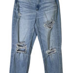 American Eagle  Mom Straight Jeans Size 8 Light Wash High Rise Distressed Stretch Photo 0