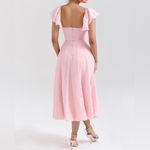 RIHOAS Pink Jacquard Ruched Square Neck Midi Dress Size XS Photo 2