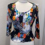 Alberto Makali  Vintage Crinkle Zip Up Black & White Zebra Floral Sequin Blouse Photo 0