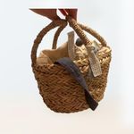 ZARA Super cute tan, creme, and blue crossbody picnic basket bag medium Photo 3