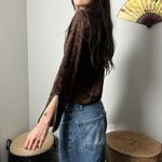 y2k boho brown velvet floral v neck flutter flare sleeve long sleeve top by mkm Photo 2
