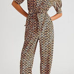 Scotch & Soda Leopard Animal Print Puff Sleeve Utility Jumpsuit Tan Black Medium Photo 0