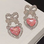 Pink Heart Bow Drop Earrings Silver Tone Crystal Accents NWT Photo 0