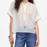 Madewell  White Lace-Inset Pintucked Henley Top Semi Sheer Short Sleeve Small Photo 6