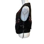 Red Rose Inlaid Suede Black Fringed Real Leather Biker Vest Lace Sides Small Photo 2
