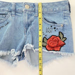 EXPRESS Cut Off Denim Shorts Size 0 Embroidered Floral Patch Distressed Jeans Photo 10