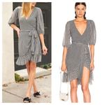 Ganni Gingham Mesh Wrap Mini Dress Size 40 Ruffle Stretch Black White Check Photo 2