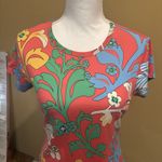 J. McLaughlin Women's Small Floral Graphic T-Shirt Coral Multicolor Stretch Photo 2