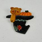 Hand Painted Wooden Bear Pin Brooch with Pumpkin – Fall Autumn Primitive Photo 0
