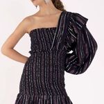 Farm Rio Lurex Stripes Mini Dress Medium NWT Smocked One Shoulder Sparkle Photo 1