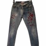 RE/DONE REDONE Blue Relaxed Crop Red Paint Splatter Women’s Cotton Denim Jeans Size 24 Photo 0