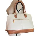 JOY & IMAN GENUINE Leather Satchel Timepiece Handbag. Tan Photo 1