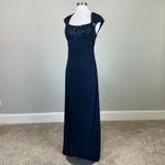 Betsy and Adam Sequined Lace Embellished Long Column Evening Gown Navy Blue Size 8 Photo 3