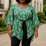 Smak Parlour Green Butterfly Print Tunic Top with Tie Size L Size L Photo 0