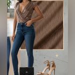 Bebe Bronze Shimmer Faux Wrap Bodysuit Plunge V-Neck Top Size S Photo 2