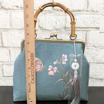 Handmade Blue Embroidered Butterfly & Flowers Wooden Top Handle Chain Strap Bag Photo 9