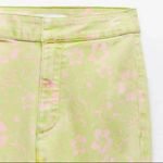 ZARA Bright Green & Pink Floral Cropped Flare Leg High Rise Pants 8 Photo 3