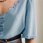 Sézane  Francia 100% Silk Blouse Eyelet Floral Trim V-Neck Top Blue Size 6 Photo 2