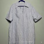 Olivaceous V-Neck Pinstripe Linen Shift Mini Dress Blue White Dress Women’s L Photo 0