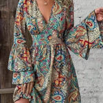 SheIn  Blue and Orange Tiered Ruffled Long Sleeve Dress Photo 0