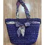 Purple Straw Woven Purse Handbag Tote With Scarf Handles Zip Top Lined Bow Photo 0