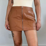 Free People  Faux Leather‎ Mini Skirt Brown Size 10 Front Zip Pocket Photo 0