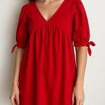 s’edge Red Cotton Puff Sleeve Babydoll Dress‎ Small Photo 0
