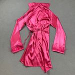 SheIn  Mini Dress Womens S Hot Pink Satin Tie Front Feather Cuffs Long Sleeves Photo 1