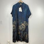 Buykud XL Blue Floral Print Chinese Retro Dress 100% Viscose Mandarin Collar Photo 1
