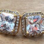 Gold Plated Princess Cut CZ Halo Stud Earrings Photo 0