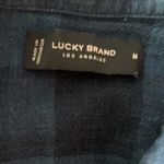 Lucky Brand M Linen Blend Buffalo Check Plaid Blue Short Sleeve Button Front Top Photo 4