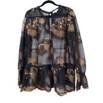 Black Sheer Lace Trimmed Peplum Top Gold Floral Embroidery Long Sleeve Size XL Photo 1
