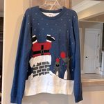 Christmas Sweater Ugly Holiday Crewneck Santa Reindeer Womens XL Blue Acrylic Photo 9