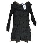 Tempo Paris NWT  L Silk Tiered Stretch Dress Black Long Sleeve Black Frayed Knit Photo 3