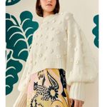 Farm Rio  White Floral Appliqué Lantern Sleeve Sweater Size Medium Photo 0