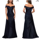 La Femme  nwt navy Off the Shoulder satin gown Photo 1